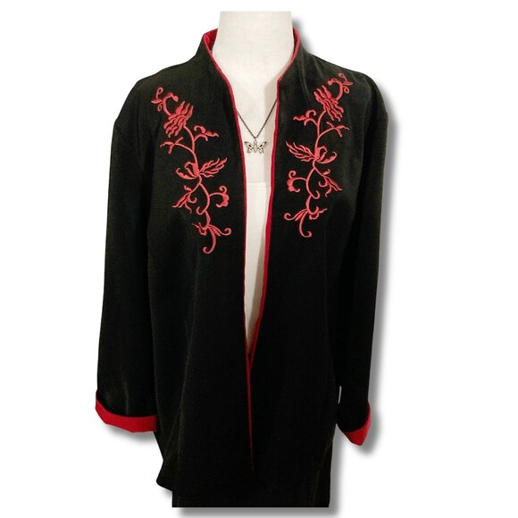 PENNINGTONS Black red floral embroidered open-front mandarin collar jacket 1X 2X - Picture 1 of 14
